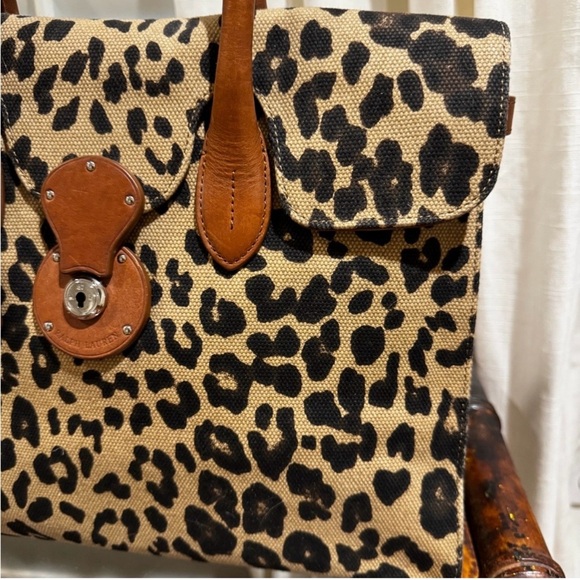 Ralph Lauren Handbags - Ralph Lauren Ricky Bag. Leopard Print, Canvas Tote with Brown Leather Trim.